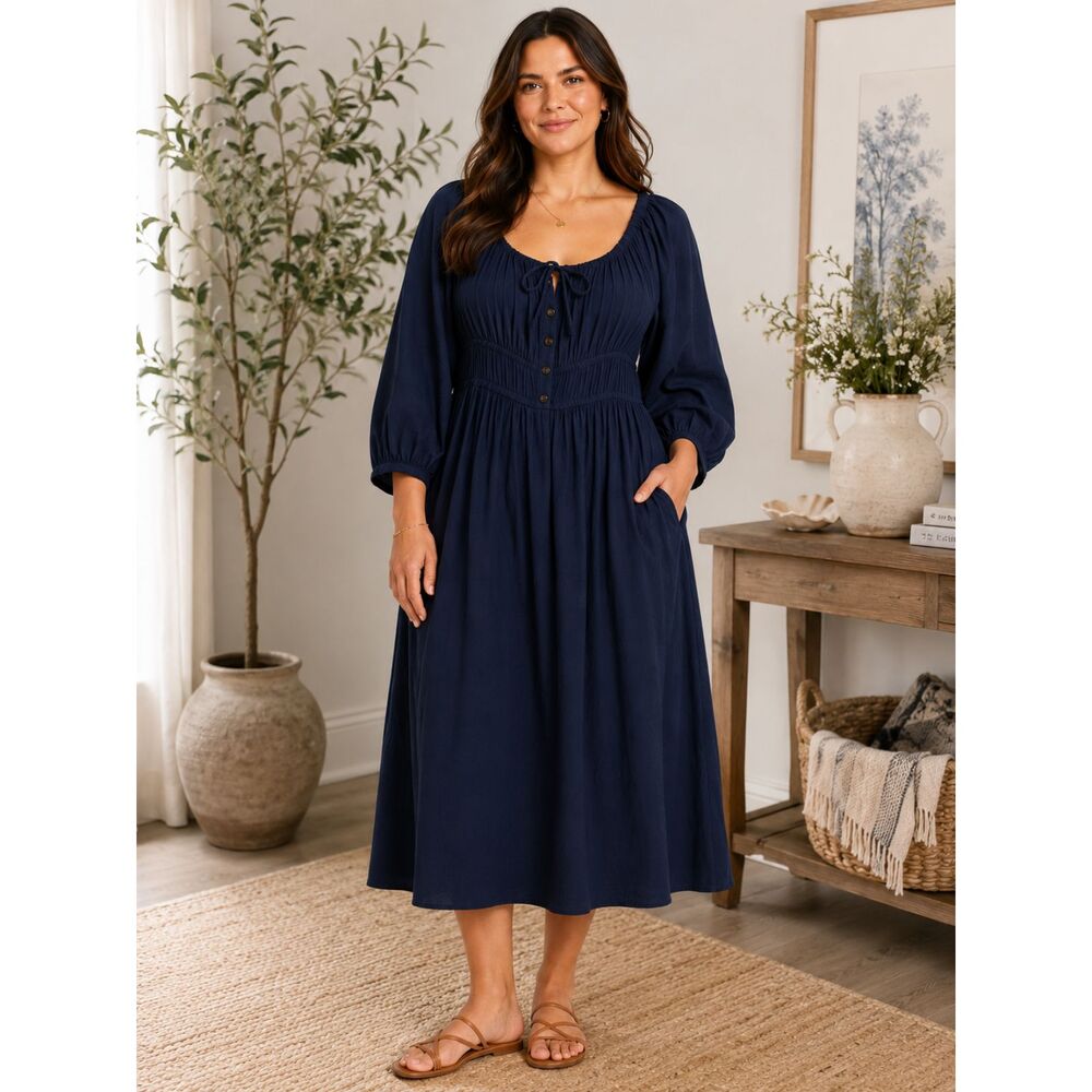 Madewell Smocked Midi Dress Navy Blue Puff Sleeve Cottagecore Peasant Plus Large